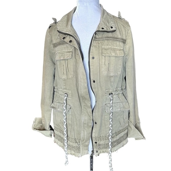 BKE  Utility Jacket Women’s Distressed  Snap Zip Pockets Lace. Size Large - Picture 1 of 5